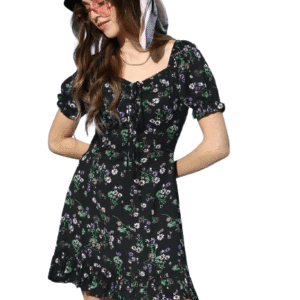 Women Black & Green Floral Printed Sweetheart Neck Tie-Up Front Crepe Flared A-Line Mini Dress