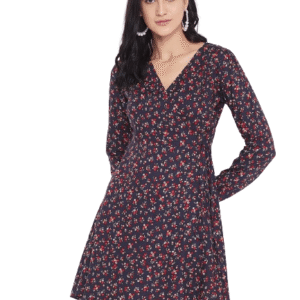 Plus-Size Navy Blue & Red Floral Print V-Neck Wrap Mini Dress for Women (3XL)
