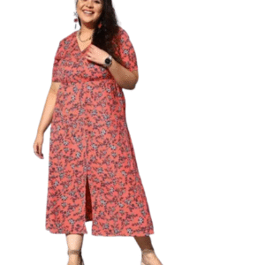Women Plus Size Orange & Blue Floral Printed V-Neck Crepe Front-Slit Flared A-Line Maxi Dress (5XL)