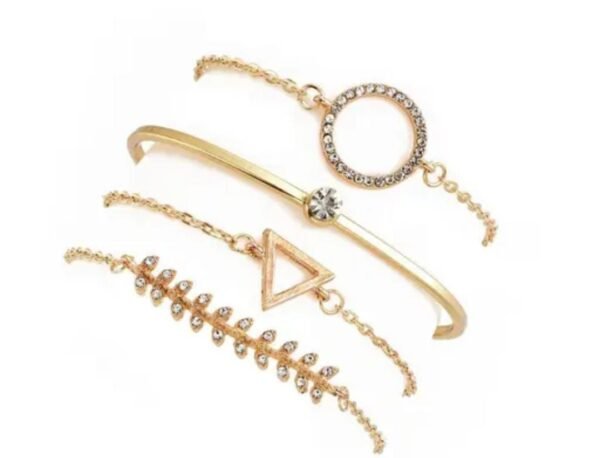 Pack of 4 gold-plated adjustable bracelets with American diamonds, displayed on a white background, emphasizing their intricate designs and elegant finish.