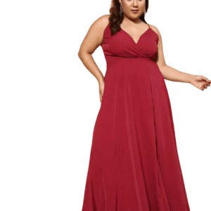 Women Plus Size Solid Red V-Neck Sleeveless Crepe Thigh-High Slit Fit & Flare Maxi Dress for Party, Evening, and Special Occasions (S)