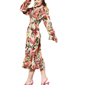 Women Pink & Multicoloured Abstract Printed Sweetheart Neck Tie-Up Cutout Crepe Fit & Flare Midi Dress (L)