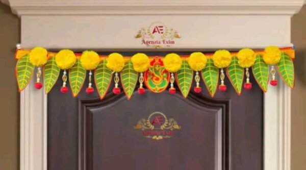 Handcrafted mango pan toran with vibrant green embroidered leaves, yellow artificial flowers, and decorative hanging beads - perfect for festive decor