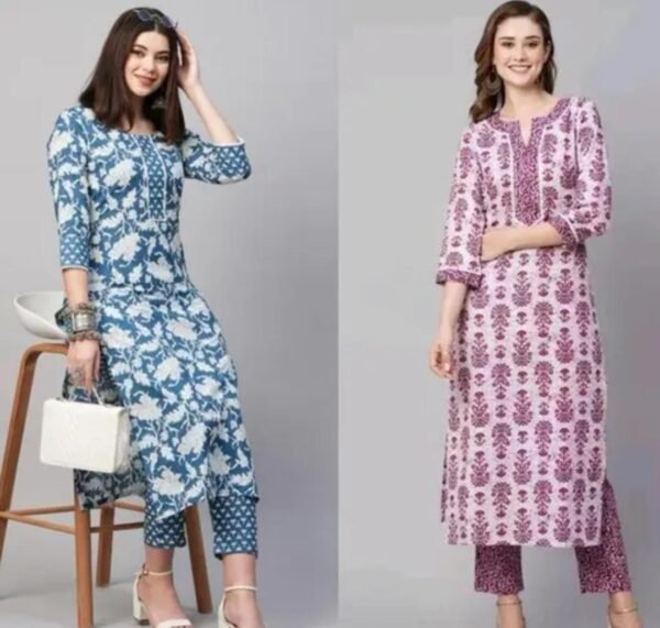 Ageless Allure: Women Floral Round Neck Kurta Palazzo Set – Pack of 2