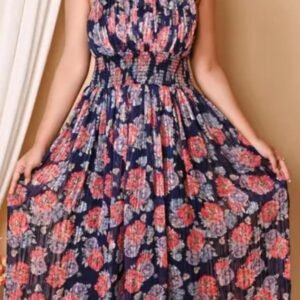 Classy Georgette Dark Blue Floral Square Neck Maxi Dress for Women and Girls