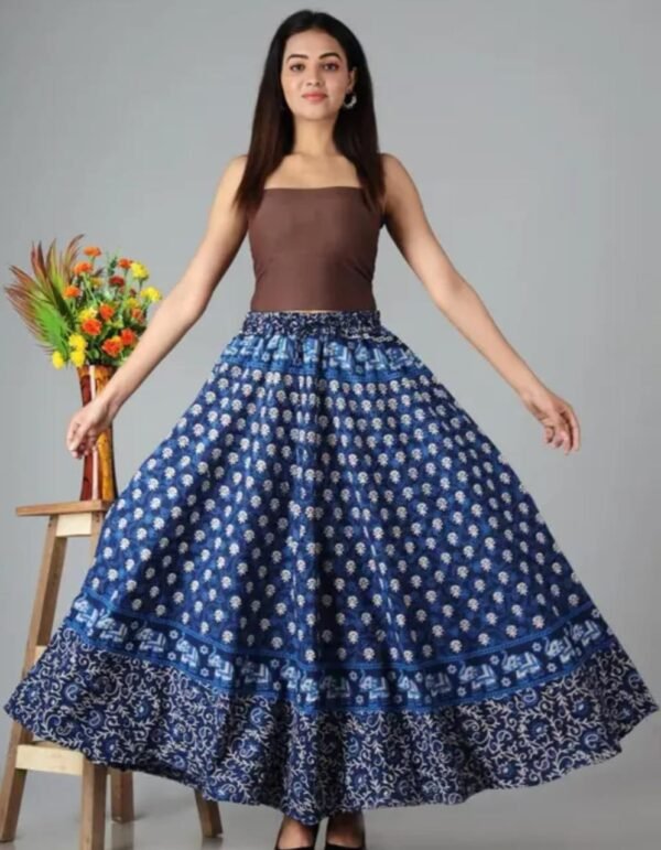 Elegant Blue Printed Cotton Flared Long Skirt for Women