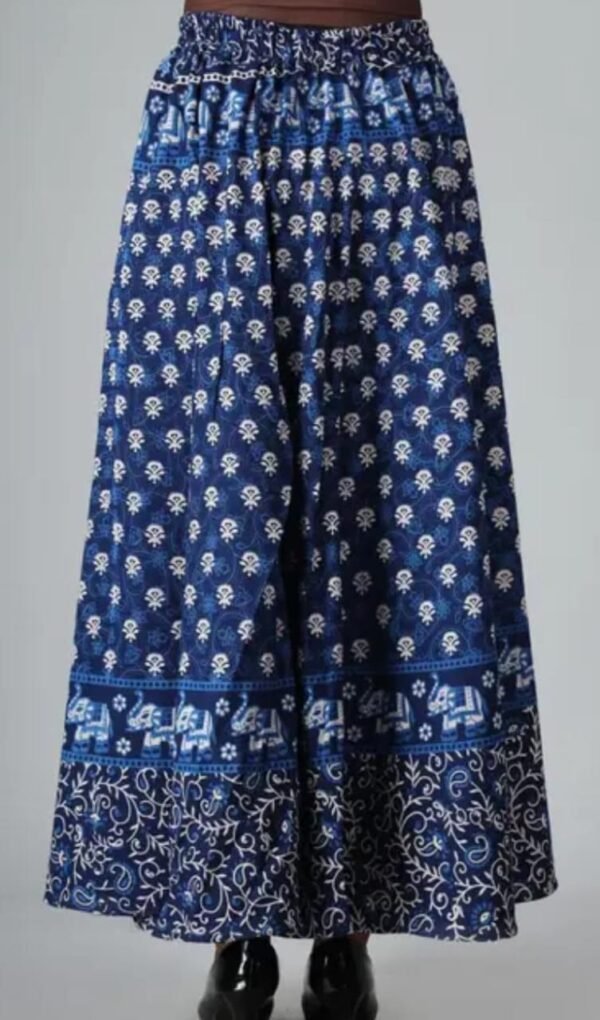 Elegant Blue Printed Cotton Flared Long Skirt for Women - Image 2