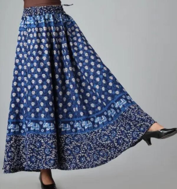 Elegant Blue Printed Cotton Flared Long Skirt for Women - Image 3