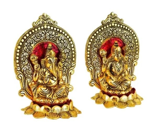 Right-angle view of the Elegant Gold Laxmi Ganesh Idol highlighting the intricate details and gold polish.
