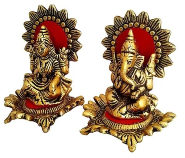 Left-angle view of the Laxmi Ganesh on Gol Kamal Plate Set highlighting intricate details on the gold plate.