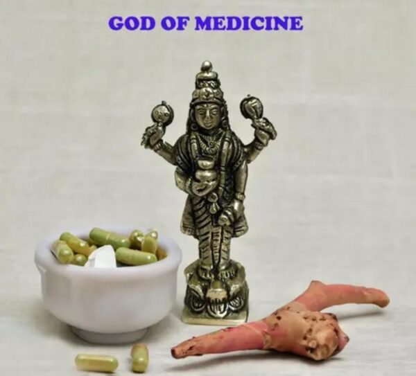 Dhanvantari God of Medicine idol holding ayurvedic potions, symbolizing health, healing, and well-being.