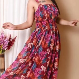 Elegance Pleated Maroon Floral Print Maxi Dress with Shoulder Straps