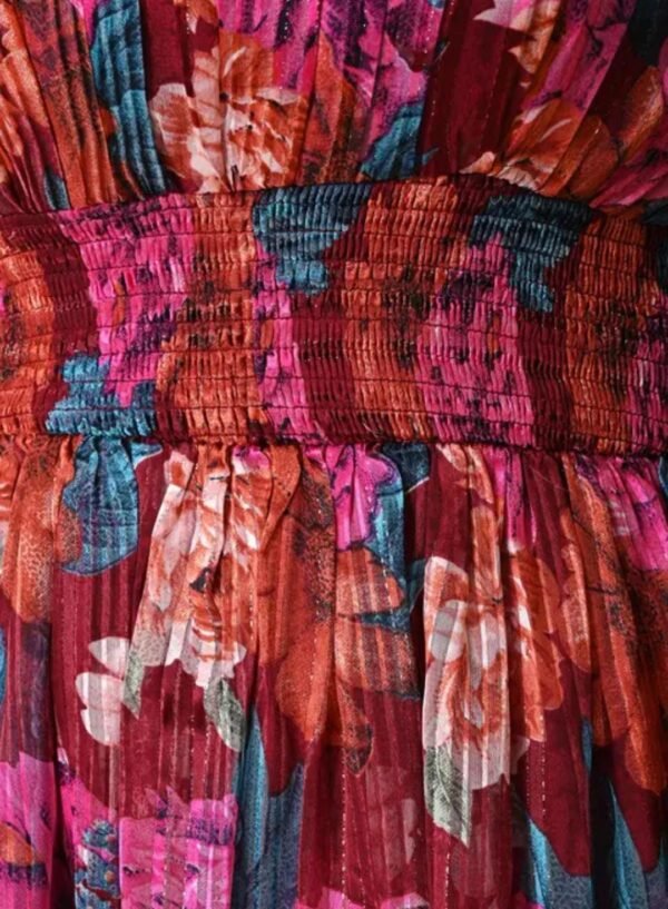 Elegance Pleated Maroon Floral Print Maxi Dress with Shoulder Straps - Image 3