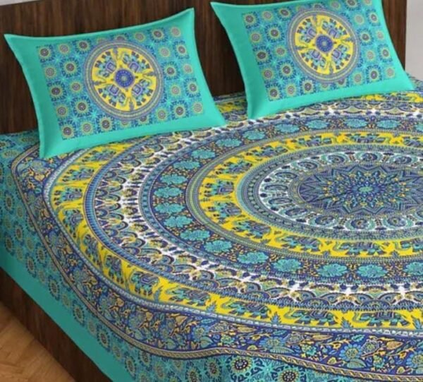 Main image of the green Double bed bedsheet with pillow covers, showcasing its elegant Jaipuri print.