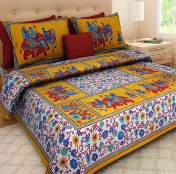 Yellow and White Double Bed Bedsheet featuring vibrant colors and printed patterns, perfect for bedroom decor.