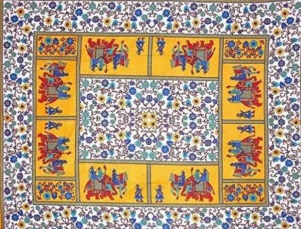 Close-up of the intricate printed pattern on the Yellow and White Double Bed Bedsheet.