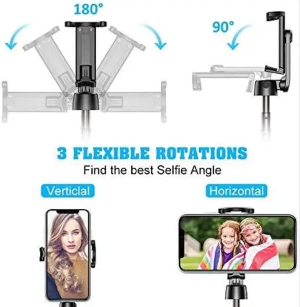 Selfie stick with 3 flexible rotation options for optimal vertical and horizontal angles