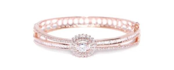 Close-up view of the Graceful Radiance Rose Gold Bracelet on a white background, highlighting the intricate detailing and sparkling American diamonds.
