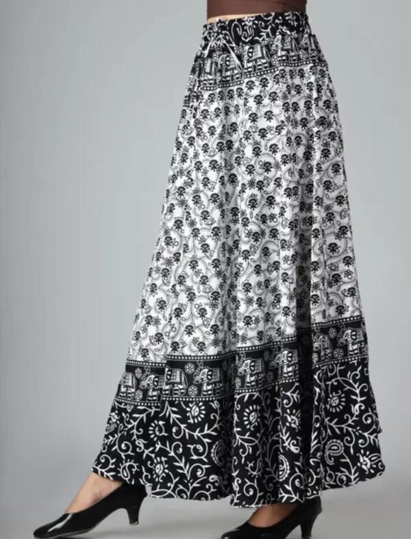 Women's Long Printed Black and White Cotton Skirt - Image 3