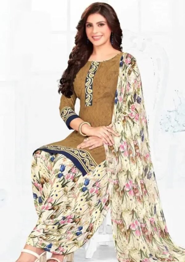 Timeless Elegance: Brown and Cream Crepe Floral Printed Dress Material Set