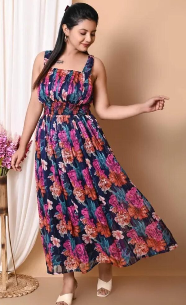 Elegance: Dark Blue Sleeveless Pleated Floral Printed Maxi Dress - Image 2