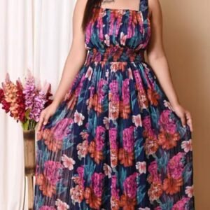 Elegance: Dark Blue Sleeveless Pleated Floral Printed Maxi Dress