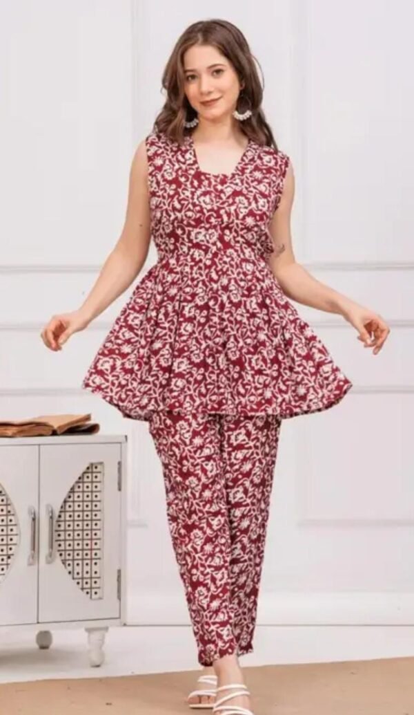 Stylish Maroon Co-ord Set for Women - Sleek Sleeveless Crop Top & Printed Trouser in Soft Rayon