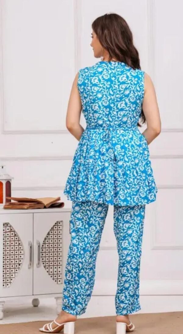 Stylish Blue Printed Co-Ord Set for Women - Rayon Sleeveless Crop Top and Trousers - Image 2