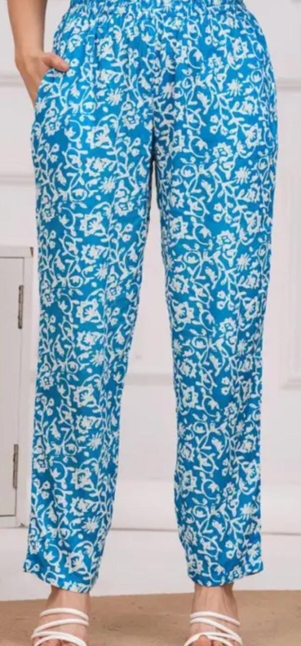 Stylish Blue Printed Co-Ord Set for Women - Rayon Sleeveless Crop Top and Trousers - Image 3