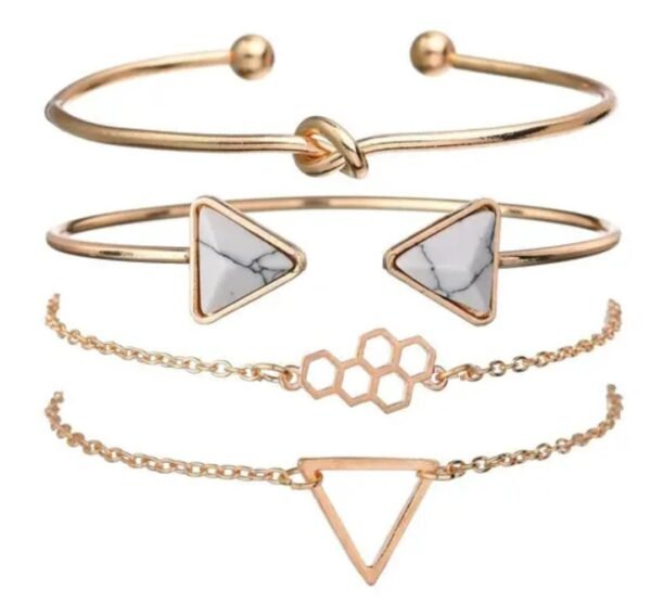 Elegant Gold-Plated Multi-Design Crystal Bracelet Combo featuring honeycomb, triangular stones, knot detail, and open triangle designs (set of 4).