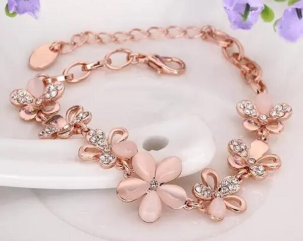 Main image showcasing the Elegant Flower Rose Gold-Plated Crystal Bracelet with intricate flower design and sparkling American diamonds.