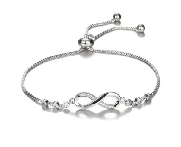 Main image showcasing the Elegant Silver-Plated Infinity Bracelet with sparkling American diamonds and adjustable slide closure.
