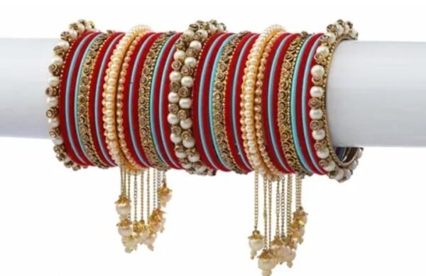 Elegant Red and light blue & Gold-Plated Pearl Studded Kada with Velvet Bangles - Pack of 42: Exquisite Chuda Set for Women and Girls - Image 3
