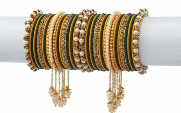 Exquisite Haldi Yellow & Dark Green Gold-Plated Pearl Studded Kada with Velvet Bangles - Pack of 42: Luxurious Bangle Set for Women and Girls