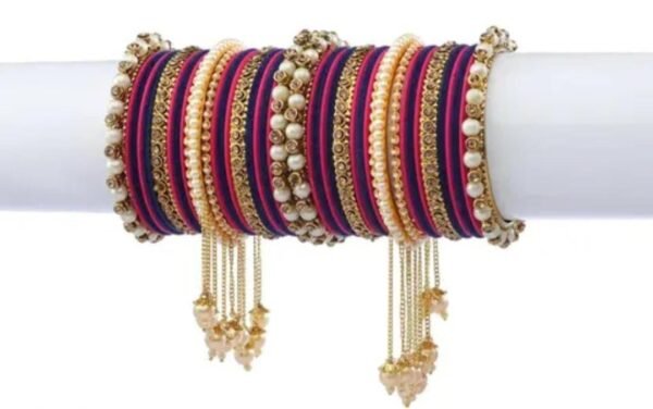 Elegant Deep Pink and Purple Gold-Plated Pearl Studded Kada with Velvet Bangles - Pack of 42: Luxurious Bangle Set for Women and Girls - Image 3