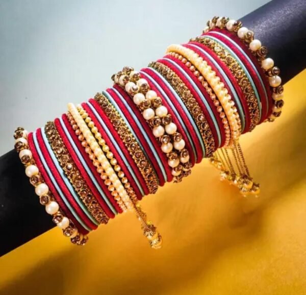 Different angle view of the Elegant Red and Light Blue Kada with Gold-Plated Pearl and Velvet Bangles, emphasizing its intricate design and quality.