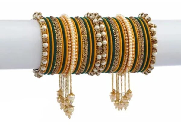 Main image showcasing the Dark Green Pearl Studded Chuda with handcrafted kada and velvet bangles, adorned with pearls and Zircon gemstones.