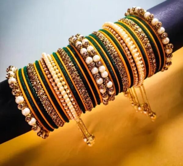 Alternate view of the Dark Green Pearl Studded Chuda, emphasizing its handcrafted kada, velvet bangles, and gold-plated details.