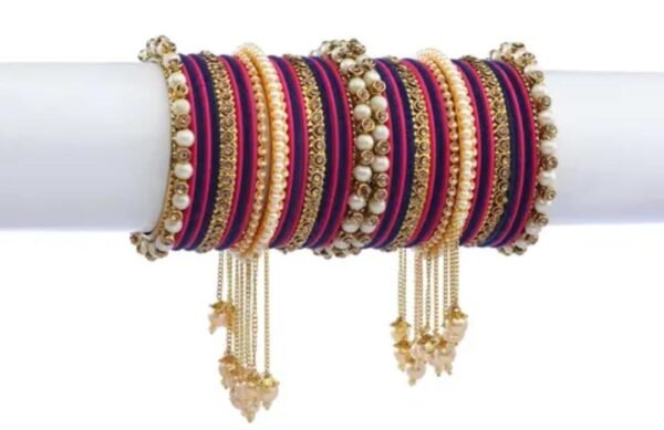 Alternate angle view of the Elegant Deep Pink and Purple Gold-Plated Pearl Studded Kada with Velvet Bangles, emphasizing the intricate design and luxurious finish.
