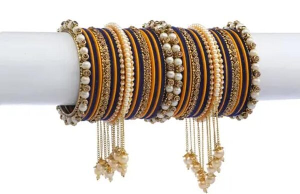 Black Yellow Bangle Set with latkan pack of 42