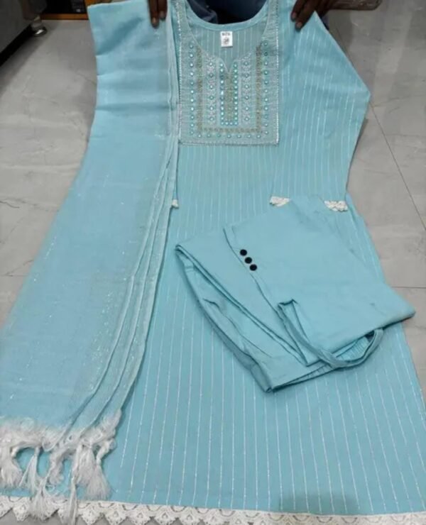 Embroidered Blue Kurti Set for Women - Image 3