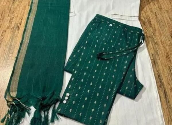 White and Green Khadi Cotton Kurta Pant Set with Dupatta - Image 2