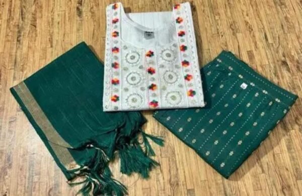 White and Green Khadi Cotton Kurta Pant Set with Dupatta - Image 3