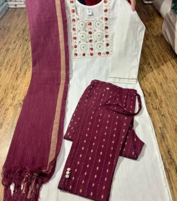 White and Maroon Khadi Cotton Kurta Pant Set with Dupatta - Image 3