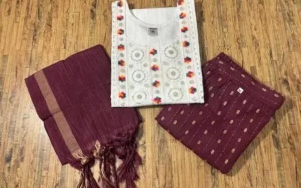 White and Maroon Khadi Cotton Kurta Pant Set with Dupatta - Image 2