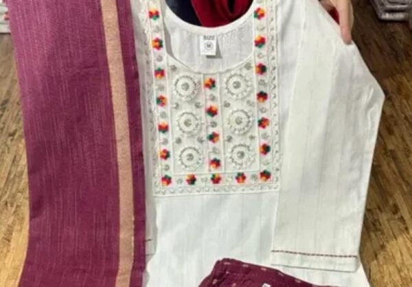 White and Maroon Khadi Cotton Kurta Pant Set with Dupatta