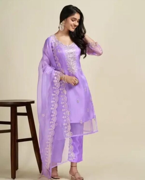 Purple Organza Embroidery Kurta Set with Palazzo and Dupatta - Image 3