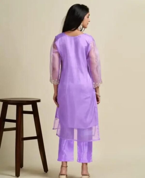 Purple Organza Embroidery Kurta Set with Palazzo and Dupatta - Image 2