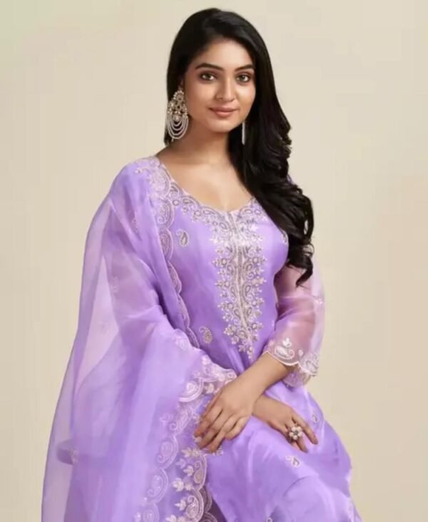 Purple Organza Embroidery Kurta Set with Palazzo and Dupatta