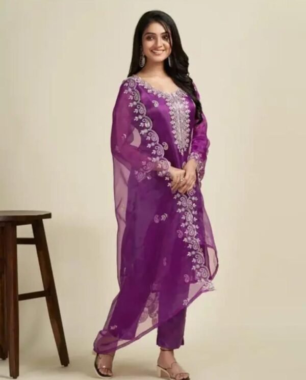 Wine Organza Embroidery Kurta Set with Palazzo and Dupatta